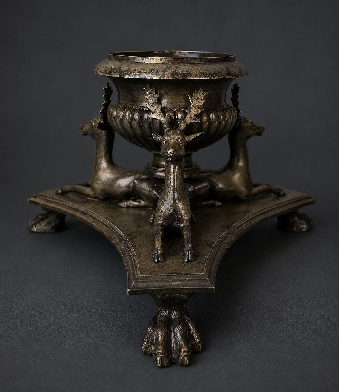 Antique 19th Century Bronze Grand Tour Inkwell with Three Reclining Stags, Gadrooned Urn on Triangular Base with Hoof Feet