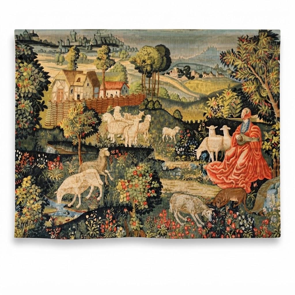 Vintage Robert Four Aubusson Silkscreen Tapestry Replica, Concert Champetre Medieval Lady with Lute and Sheep, 71 x 55 in