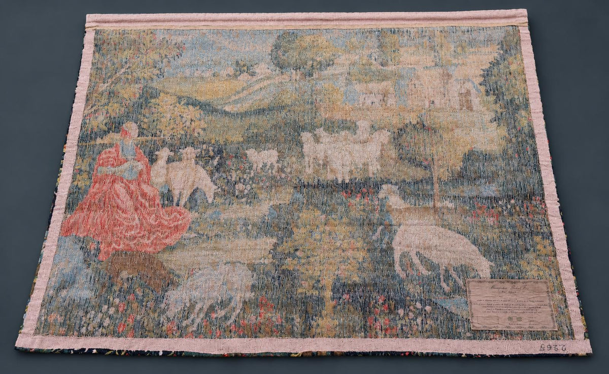 Vintage Robert Four Aubusson Silkscreen Tapestry Replica, Concert Champetre Medieval Lady with Lute and Sheep, 71 x 55 in