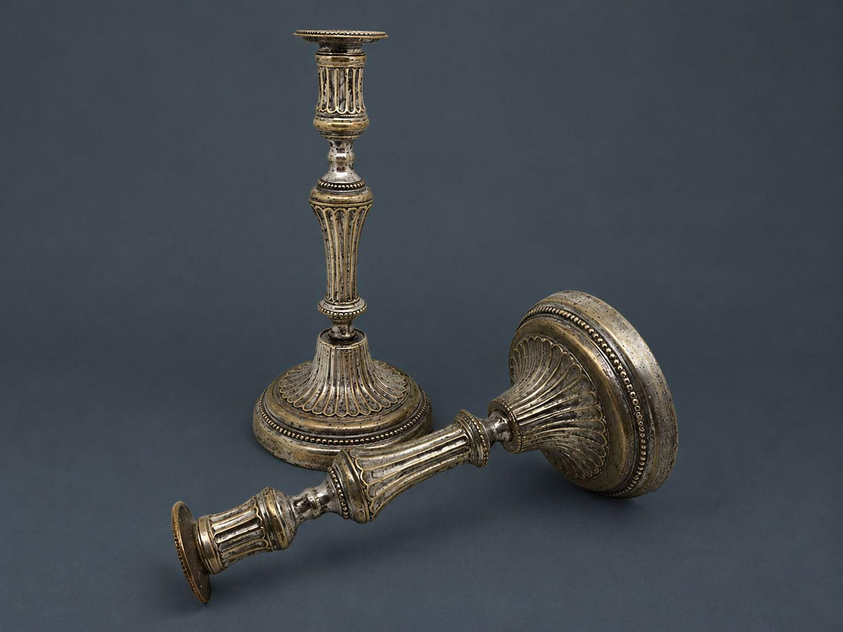 Pair of Antique 18th Century Louis XVI Silvered Bronze Candlesticks, Fluted Baluster Stems and Beaded Bands, Round Bases