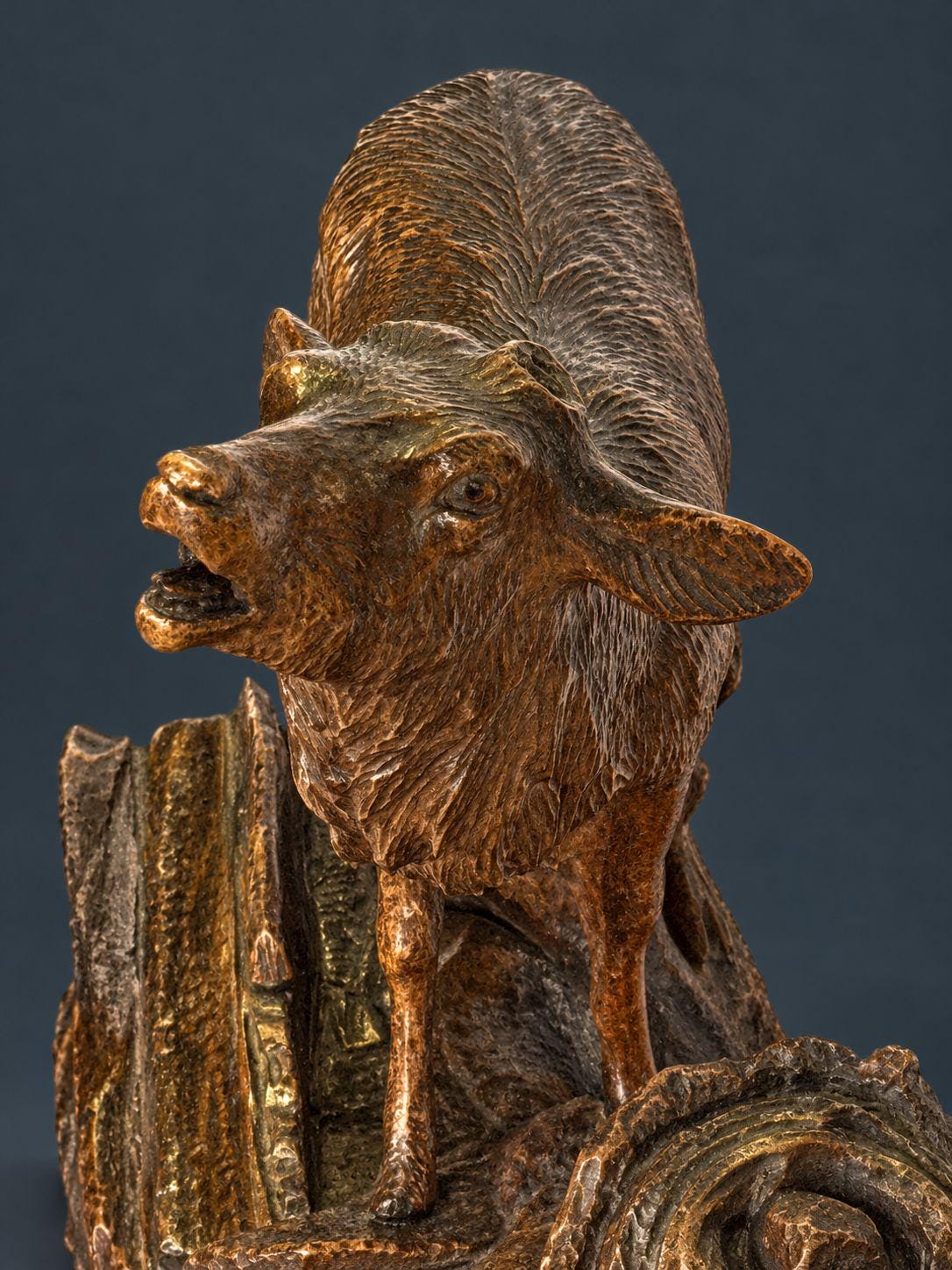 Antique 19th Century Black Forest Carved Wood Stag Desk Stand, Bellowing Deer with Pen Tray and Inkwell Stump, As Found
