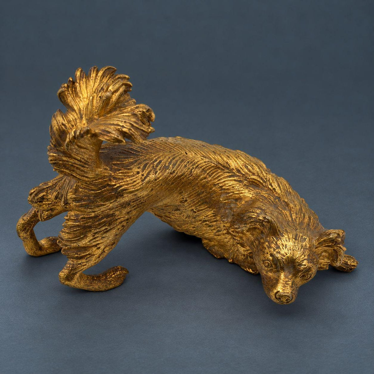 Vintage Susse Freres Gilt Bronze Dog Figurine, Playful Pekingese in Play Bow with Plumed Tail, Foundry Marked, French Desk Decor