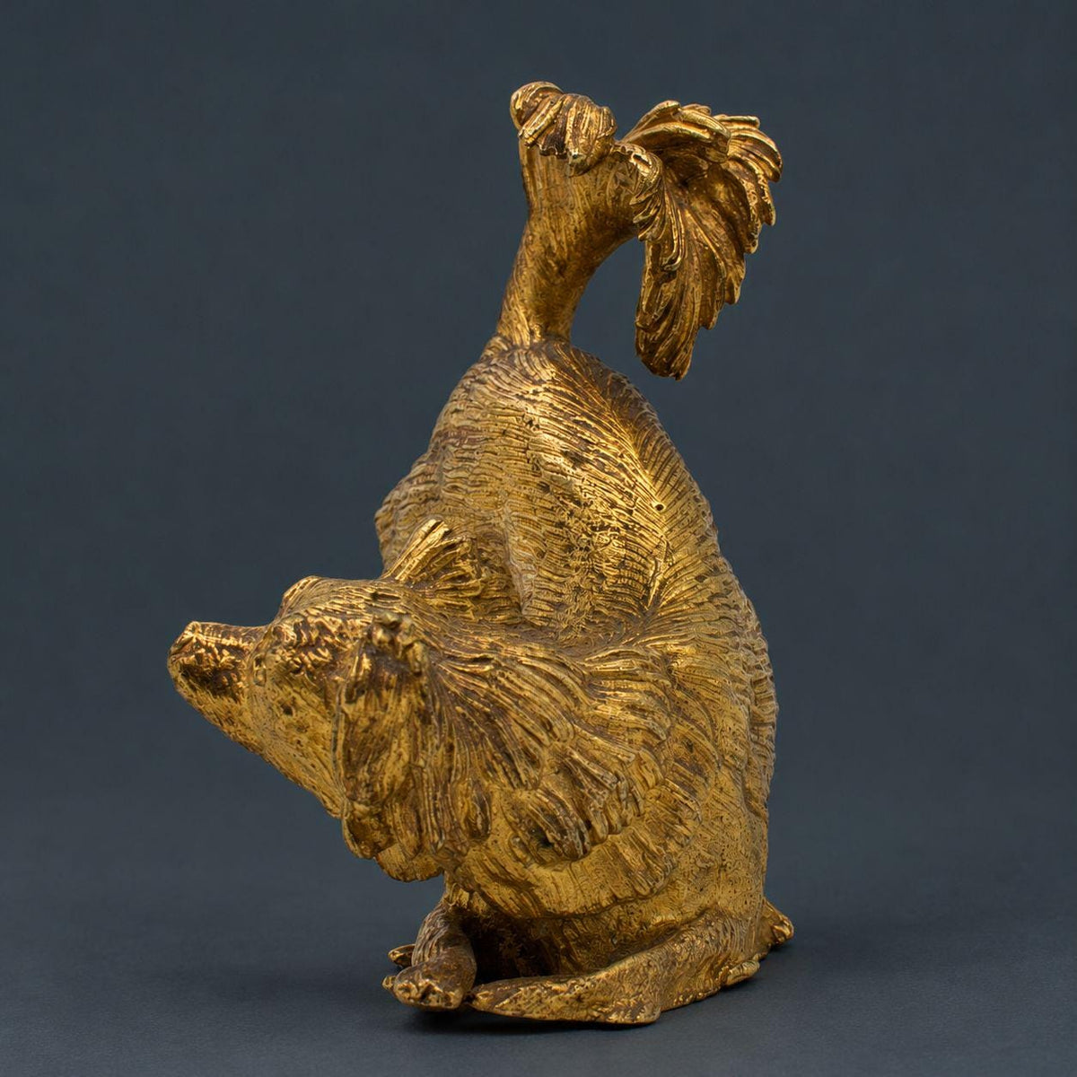 Vintage Susse Freres Gilt Bronze Dog Figurine, Playful Pekingese in Play Bow with Plumed Tail, Foundry Marked, French Desk Decor