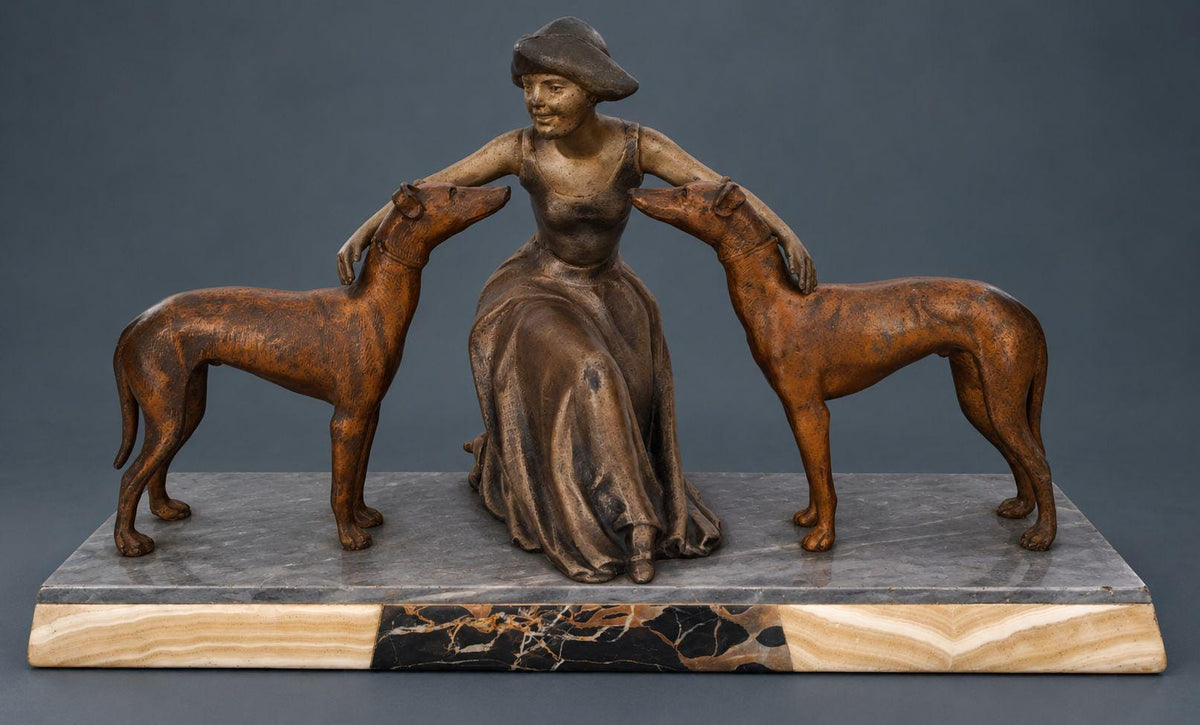 Vintage Art Deco Spelter Sculpture, Seated Young Woman Embracing Two Greyhounds, Marble and Onyx Base, 1930s Mantel Statue