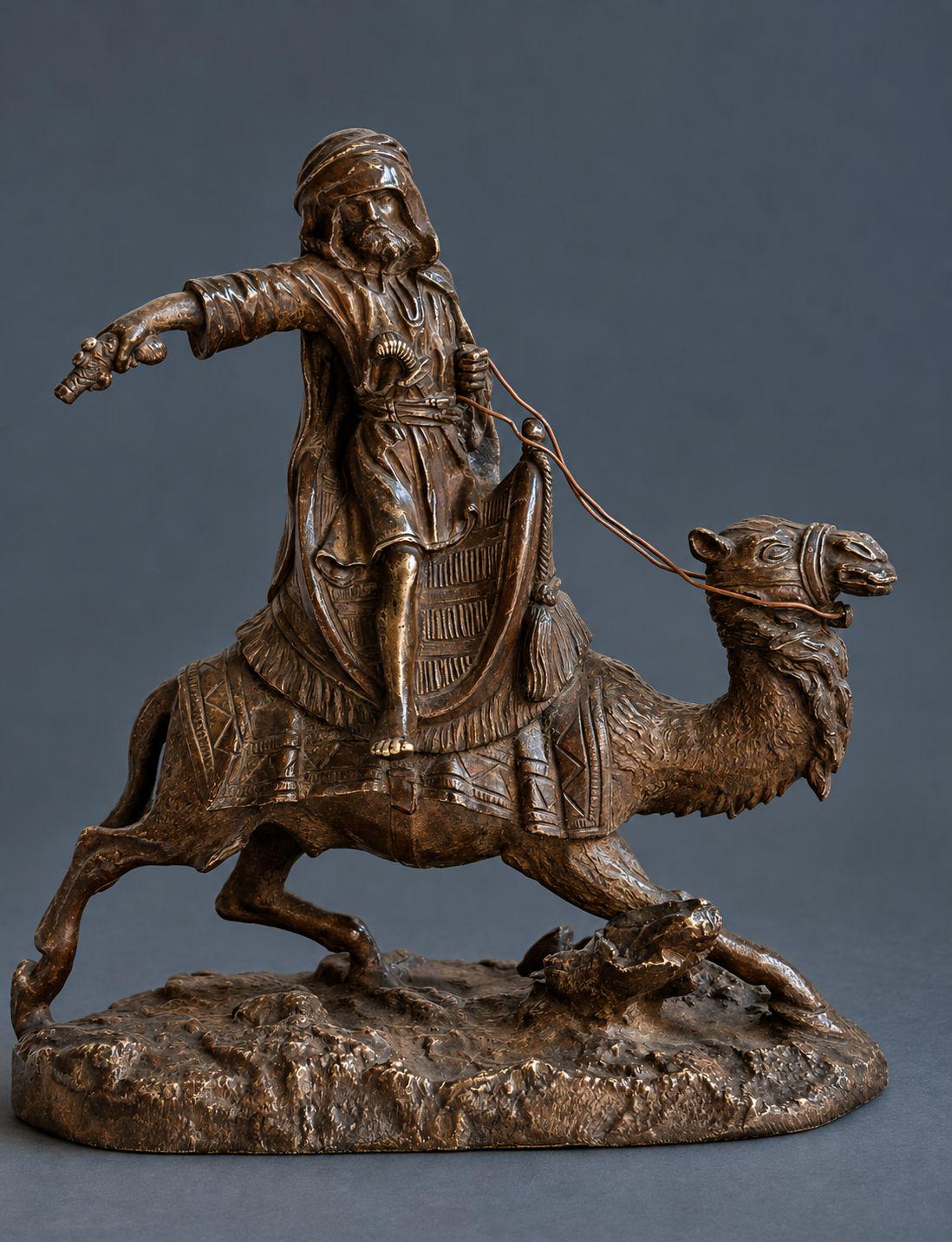Antique Vienna Style Patinated Bronze Bedouin Rider on Camel, Orientalist Sculpture with Pistol and Wire Reins, circa 1900