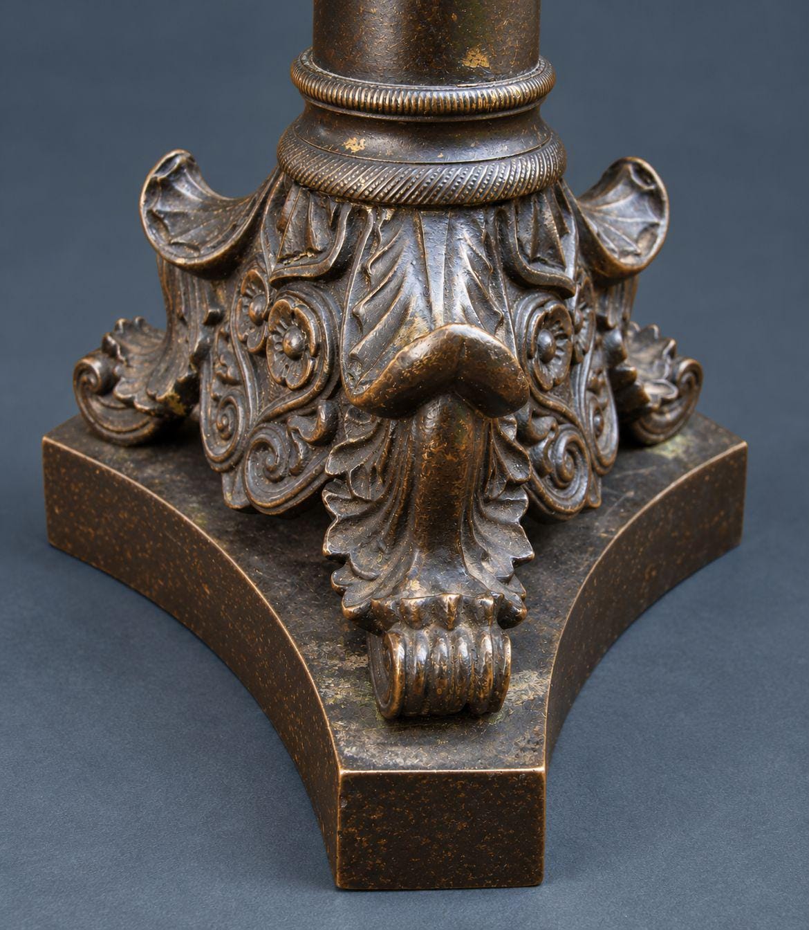 Pair of Antique French Asteare Patent Candlesticks, Spring-Loaded Column Candle Holders with Acanthus Tripod Bases, circa 1850