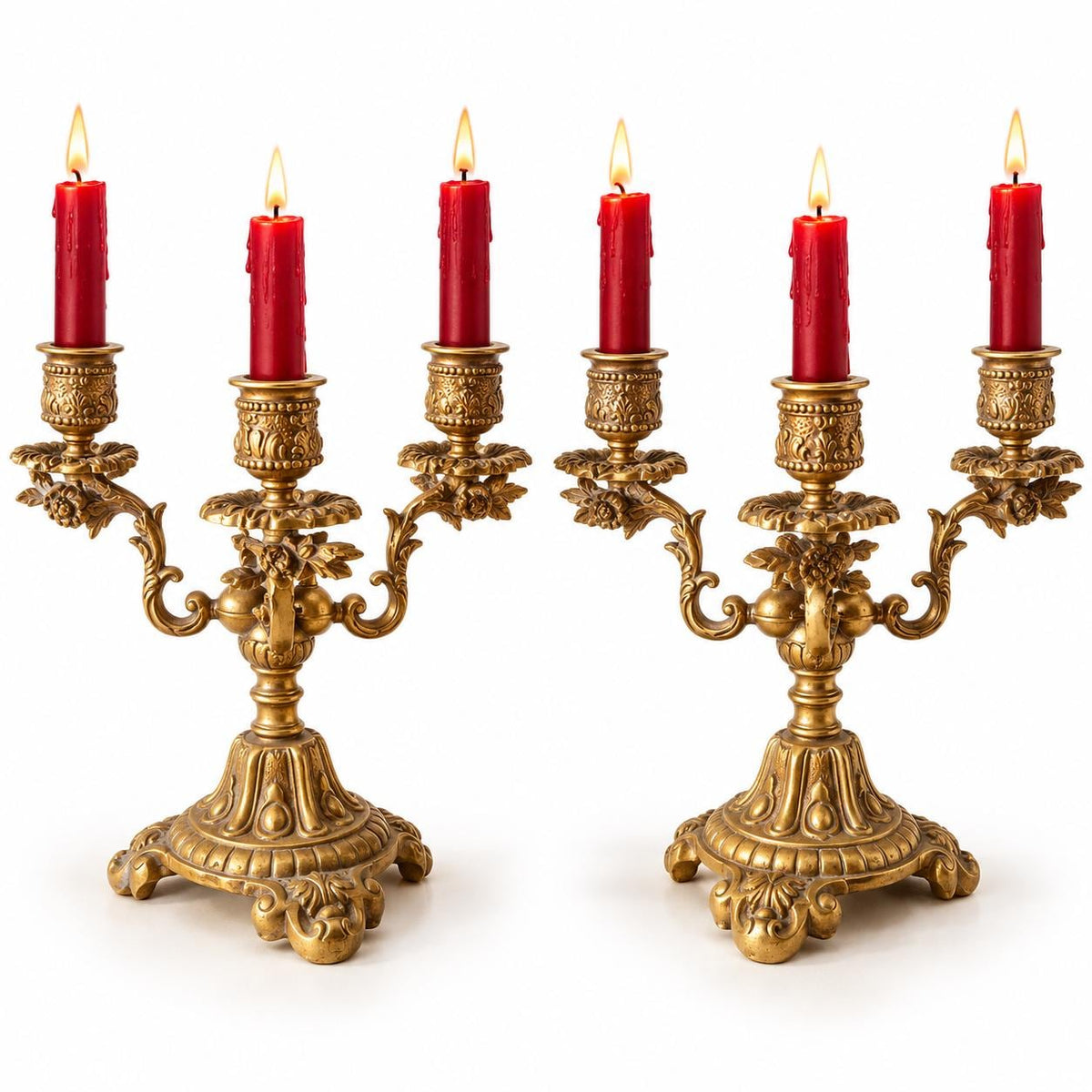 Pair of Vintage Bronze Three-Arm Candelabra, Rococo Style Ornate Candle Holders on Scrolled Feet, Mantel or Dining Table Centrepiece