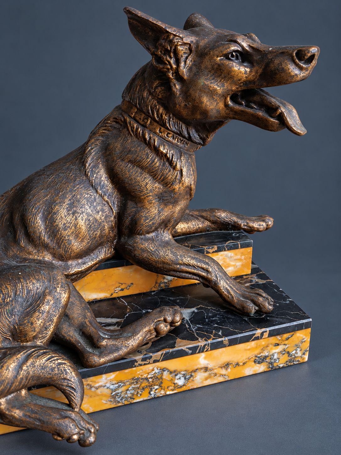 Vintage Art Deco L. Carvin Spelter German Shepherd Dog Sculpture, Signed on Collar, Reclining on Sienna and Portoro Marble Base