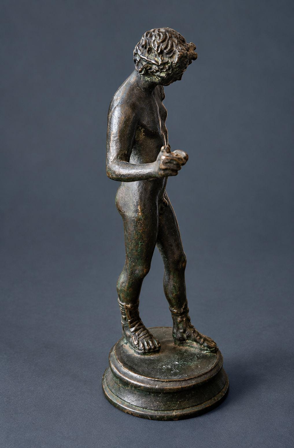 Antique 19th Century Grand Tour Bronze Statuette of Narcissus or Dionysus, After the Pompeii Original, Dark Green Patina