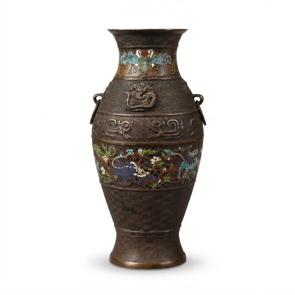 Vintage Large Archaistic Bronze Hu Vase with Cloisonne Enamel Bands, Dragon and Phoenix Decor, Ring Handles, circa 1900-1930