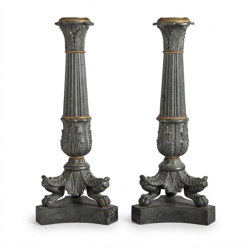 Pair of Antique Restauration Period Patinated Bronze Candlesticks, Fluted Columns with Palmettes and Lion Paw Feet, 1815-1830