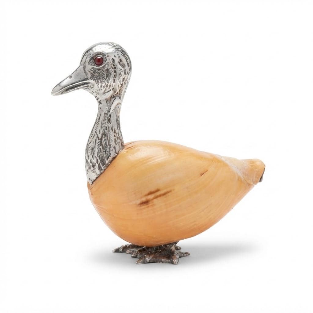 Vintage Silver-Mounted Seashell Duck Sculpture, Large Shell Body with Chased Feather Head and Red Glass Eyes, Desk Decor