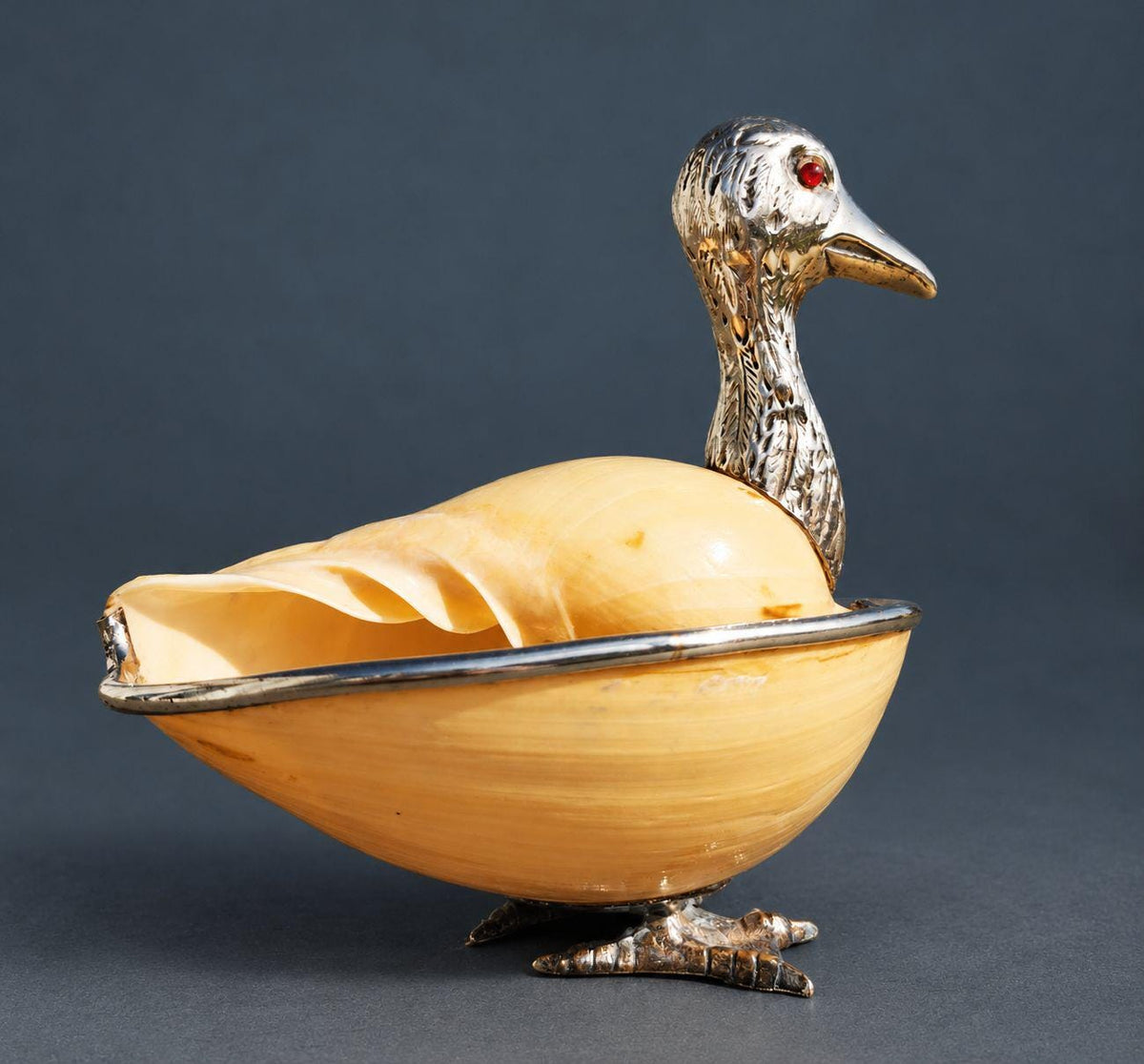 Vintage Silver-Mounted Seashell Duck Sculpture, Large Shell Body with Chased Feather Head and Red Glass Eyes, Desk Decor