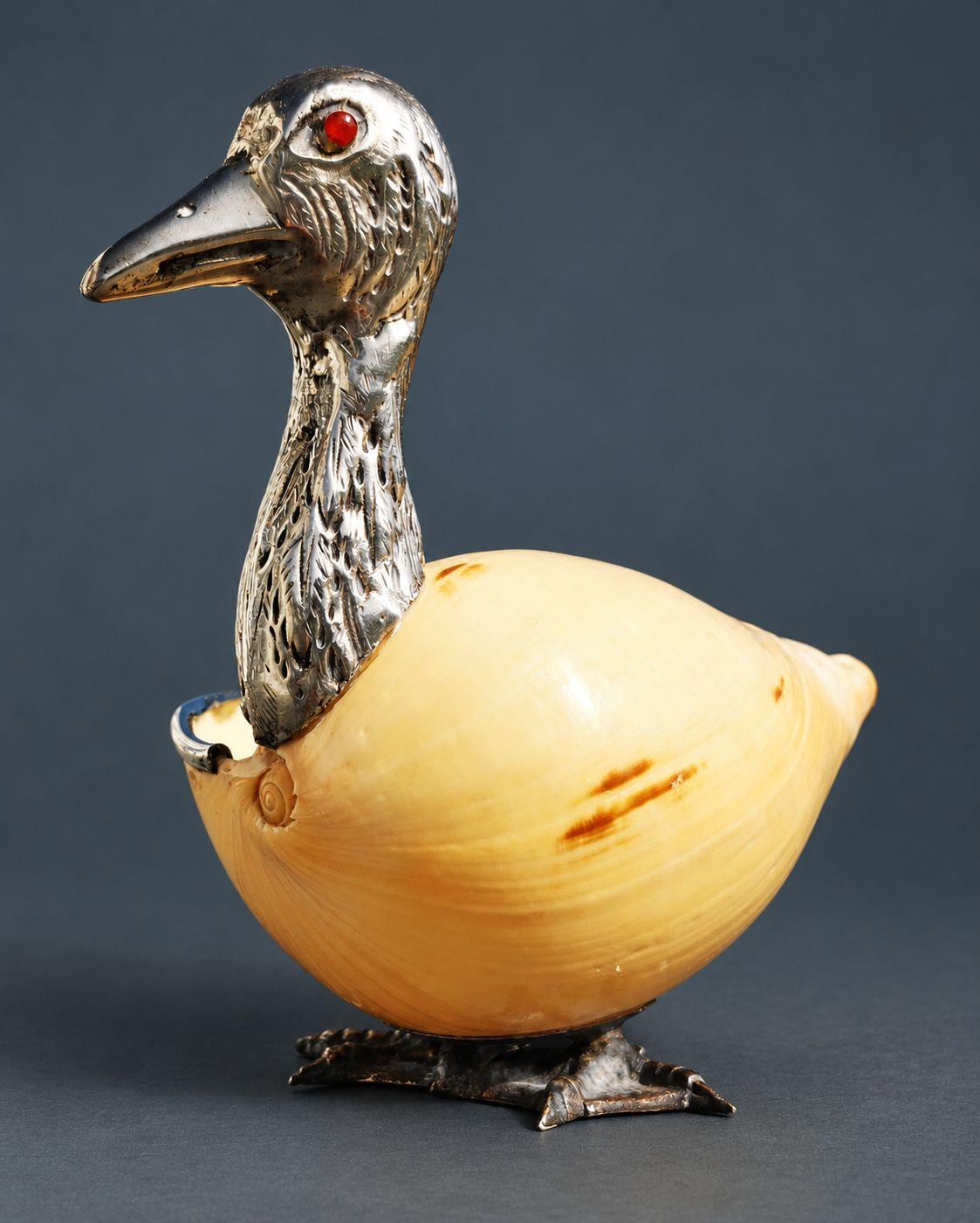 Vintage Silver-Mounted Seashell Duck Sculpture, Large Shell Body with Chased Feather Head and Red Glass Eyes, Desk Decor