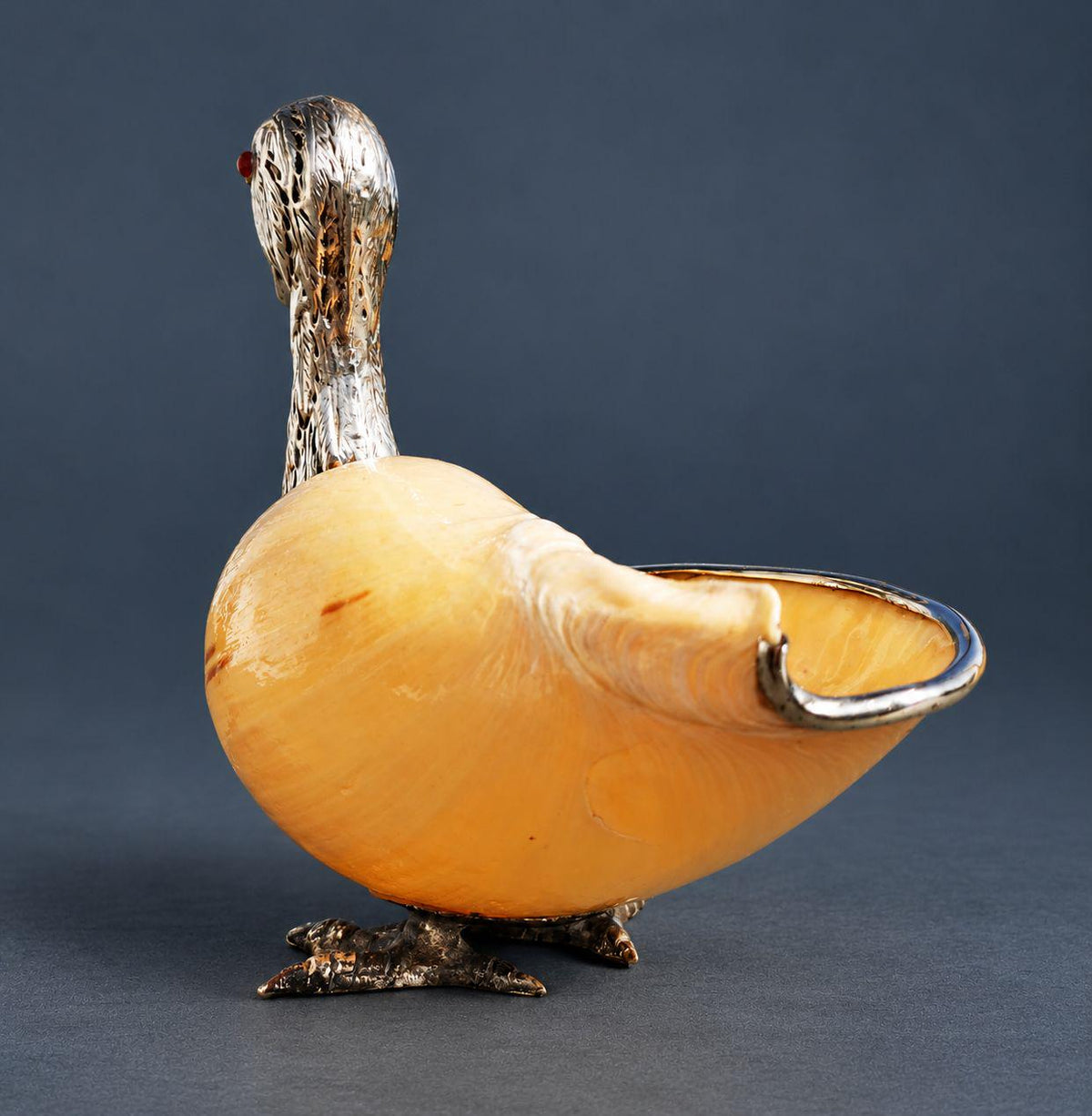 Vintage Silver-Mounted Seashell Duck Sculpture, Large Shell Body with Chased Feather Head and Red Glass Eyes, Desk Decor
