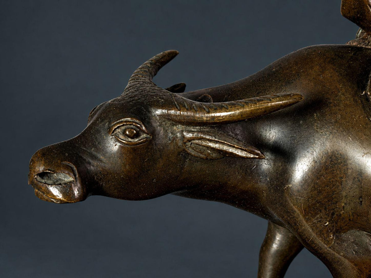Antique Patinated Bronze Boy Riding a Water Buffalo, Herd Boy Sculpture on Pierced Rockwork Base, Asian Decor, circa 1900