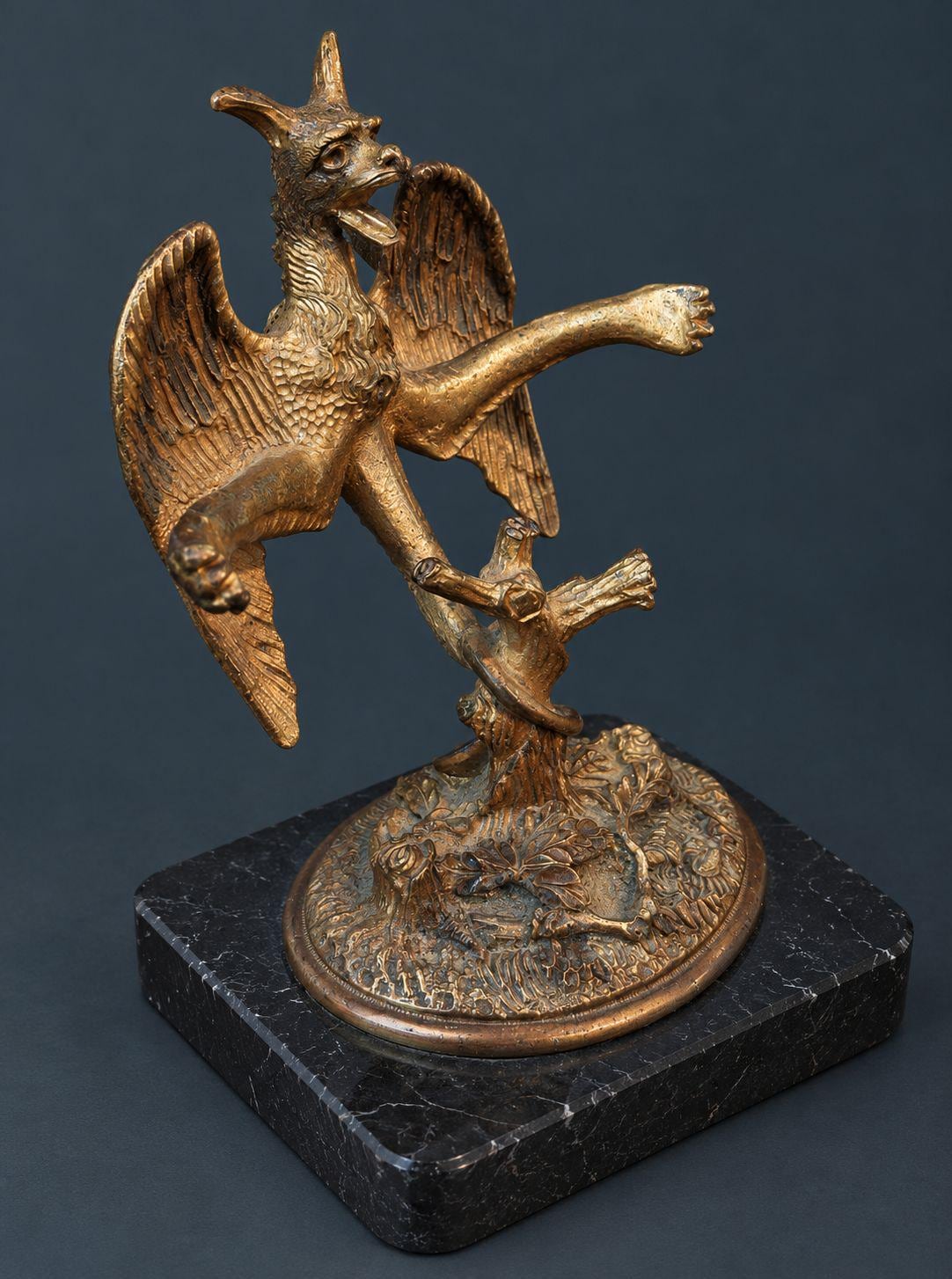 Antique Napoleon III Gilt Bronze Winged Chimera Sculpture, Horned Dragon Demon Perched on Serpent-Coiled Stump, Black Base