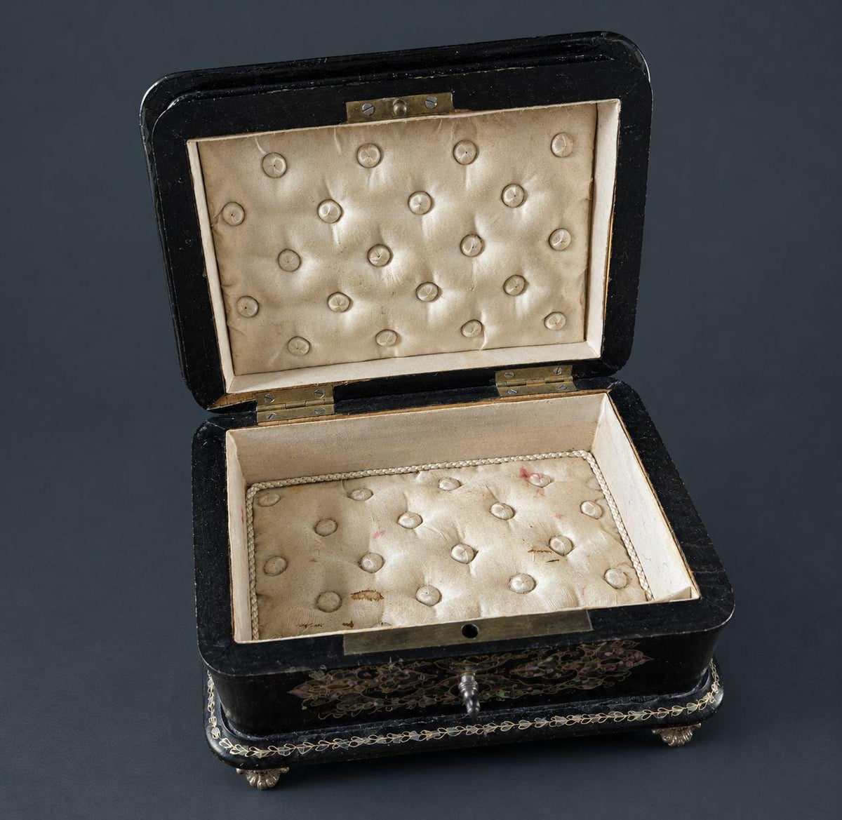 Antique Napoleon III Papier Mache Jewelry Box with Mother of Pearl Inlay, Painted Violets Lid, Tufted Silk Interior and Key