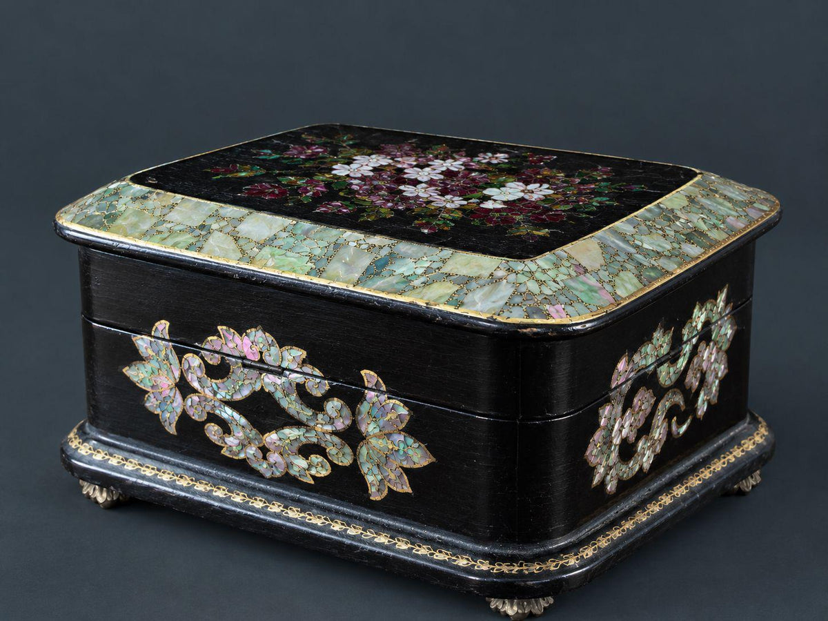 Antique Napoleon III Papier Mache Jewelry Box with Mother of Pearl Inlay, Painted Violets Lid, Tufted Silk Interior and Key