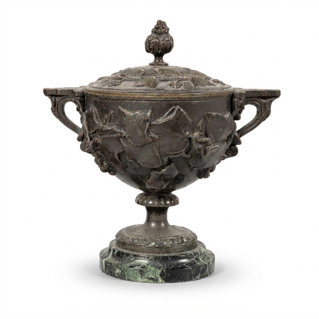 Antique 19th Century Patinated Bronze Lidded Grand Tour Urn with Ivy Leaf Relief and Berry Finial on Green Marble Base