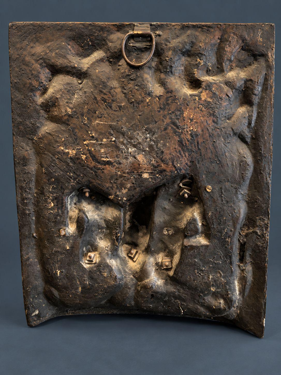 Antique 19th Century Bronze Bas-Relief Plaque, Drunken Silenus Supported by Two Satyrs Under a Grapevine Arch, Bacchanal