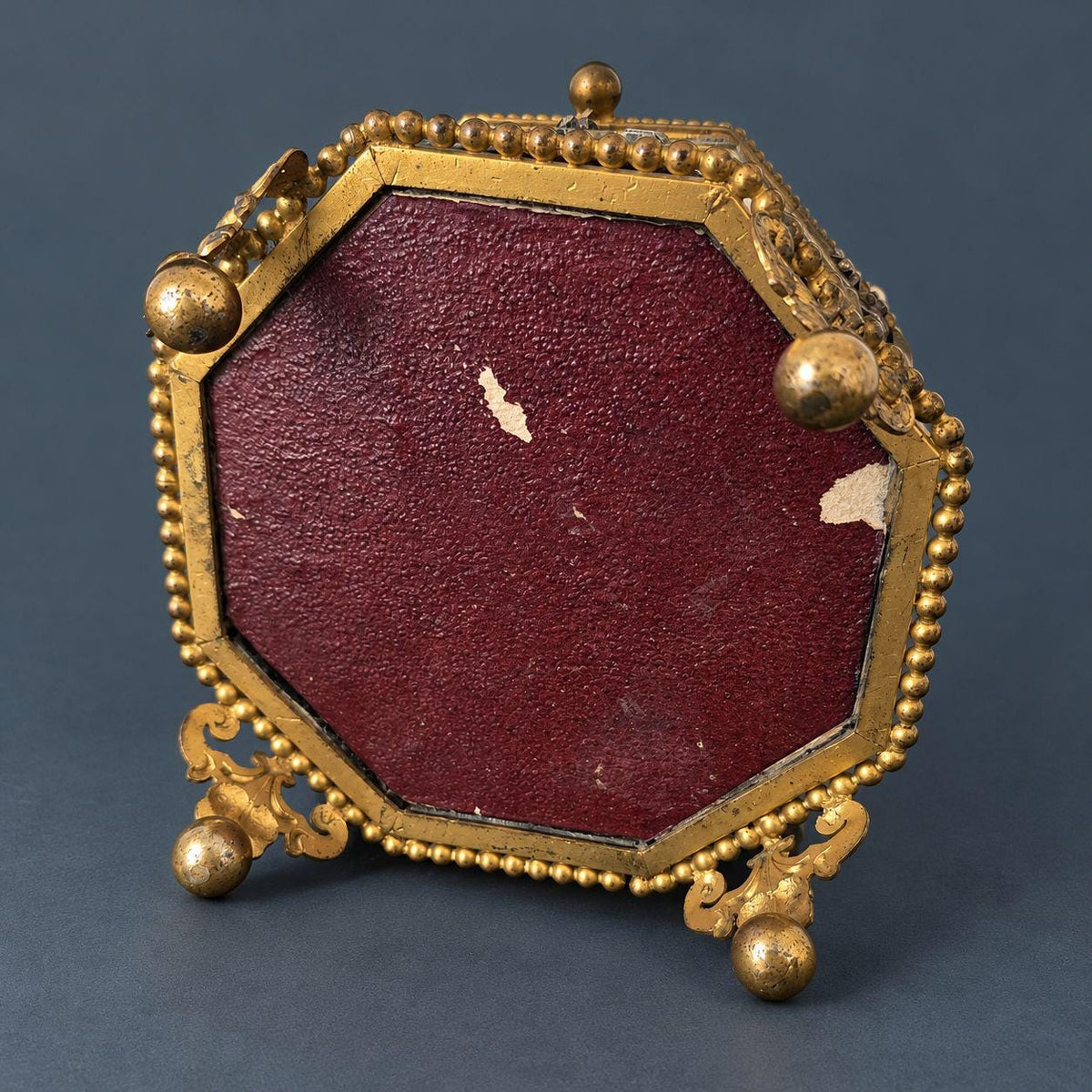 Antique Napoleon III Octagonal Jewelry Box with Mother of Pearl Flowers and Cut Steel Studs, Gilt Brass Frame on Ball Feet