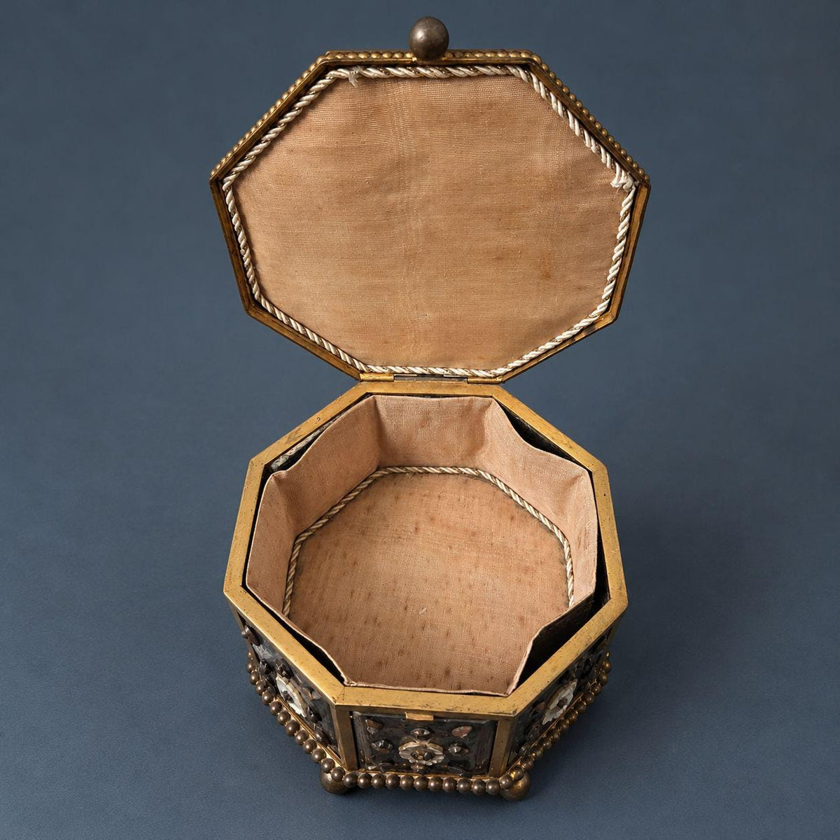 Antique Napoleon III Octagonal Jewelry Box with Mother of Pearl Flowers and Cut Steel Studs, Gilt Brass Frame on Ball Feet