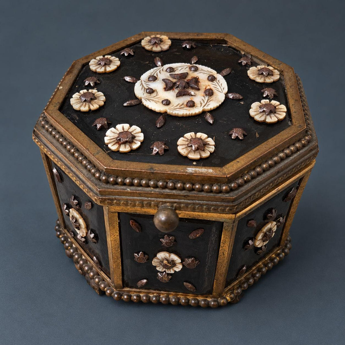 Antique Napoleon III Octagonal Jewelry Box with Mother of Pearl Flowers and Cut Steel Studs, Gilt Brass Frame on Ball Feet