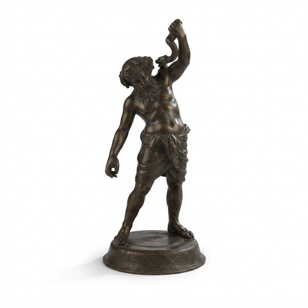 Antique 19th Century Grand Tour Drunken Silenus Statue, Dancing with a Snake, After the Pompeii Original, Patinated on Base