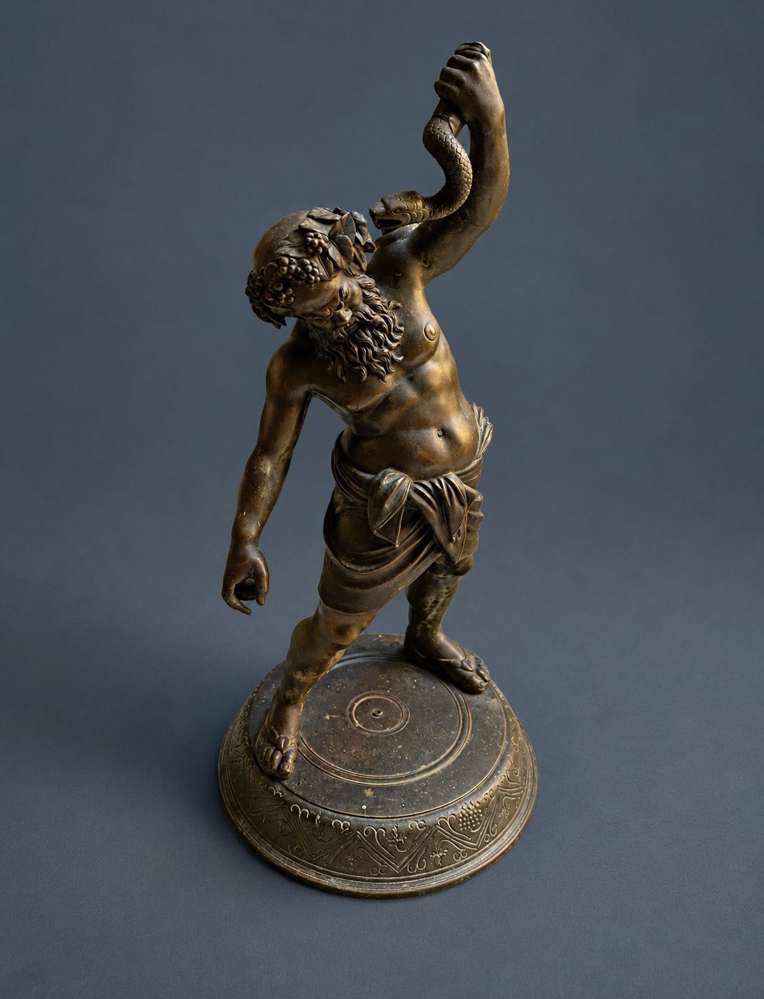 Antique 19th Century Grand Tour Drunken Silenus Statue, Dancing with a Snake, After the Pompeii Original, Patinated on Base