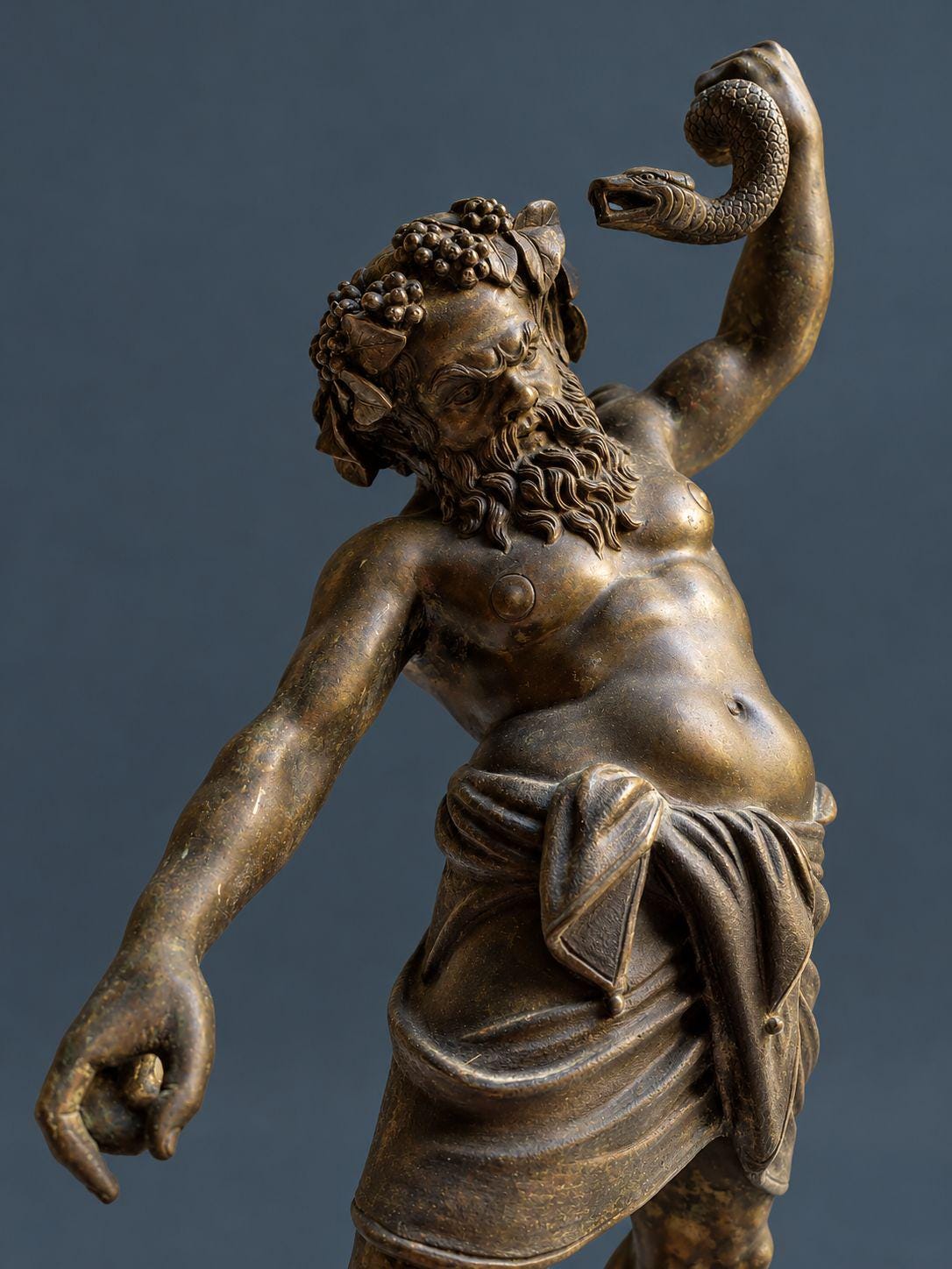 Antique 19th Century Grand Tour Drunken Silenus Statue, Dancing with a Snake, After the Pompeii Original, Patinated on Base