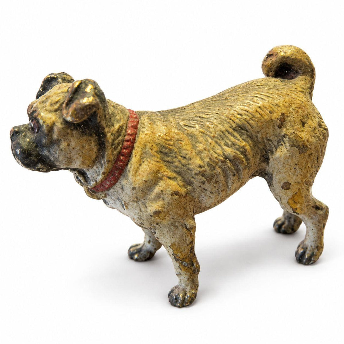 Antique Austrian Cold-Painted Vienna Bronze Pug Figurine, Miniature Dog with Red Collar and Curled Tail, circa 1900