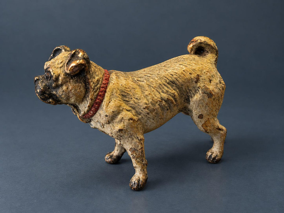 Antique Austrian Cold-Painted Vienna Bronze Pug Figurine, Miniature Dog with Red Collar and Curled Tail, circa 1900