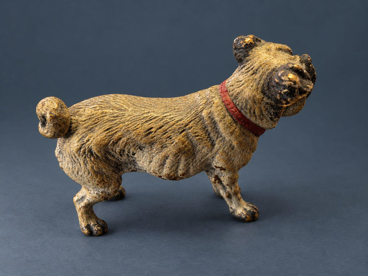 Antique Austrian Cold-Painted Vienna Bronze Pug Figurine, Miniature Dog with Red Collar and Curled Tail, circa 1900