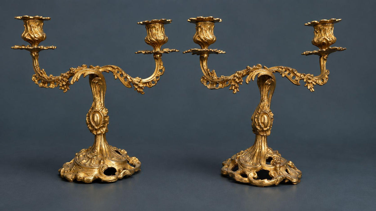 Pair of Antique 19th Century Louis XV Style Gilt Bronze Two-Light Candelabra, Rocaille Arms with Flowers and Pierced Bases
