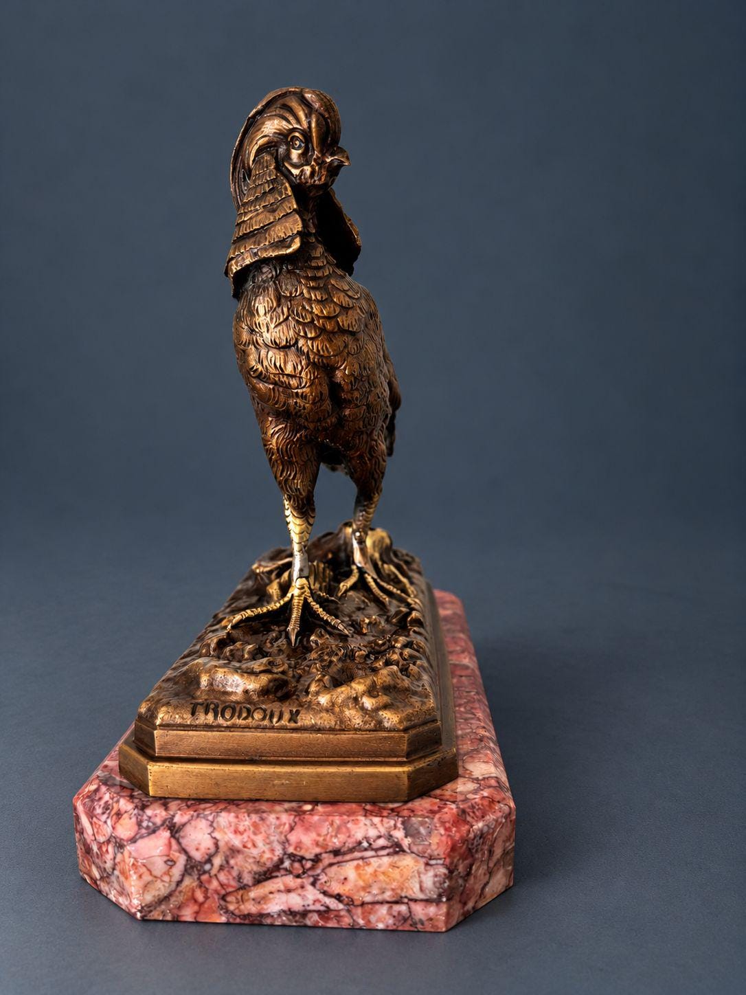 Antique 19th Century French Bronze Pheasant Sculpture, Crested Golden Pheasant with Long Tail on Rouge Marble Plinth
