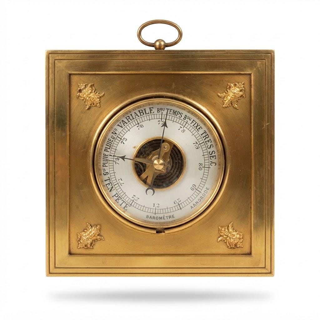 Antique French Gilt Brass Aneroid Barometer, Square Empire Style Frame with Gilt Mask Corner Mounts and Ring Hanger, 1890s