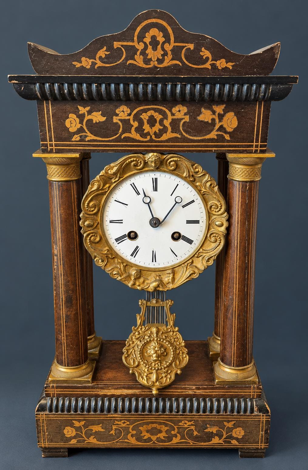 Antique Charles X Portico Mantel Clock with Inlaid Wood Marquetry, Four Columns, Gilt Bronze Dial Surround, circa 1830