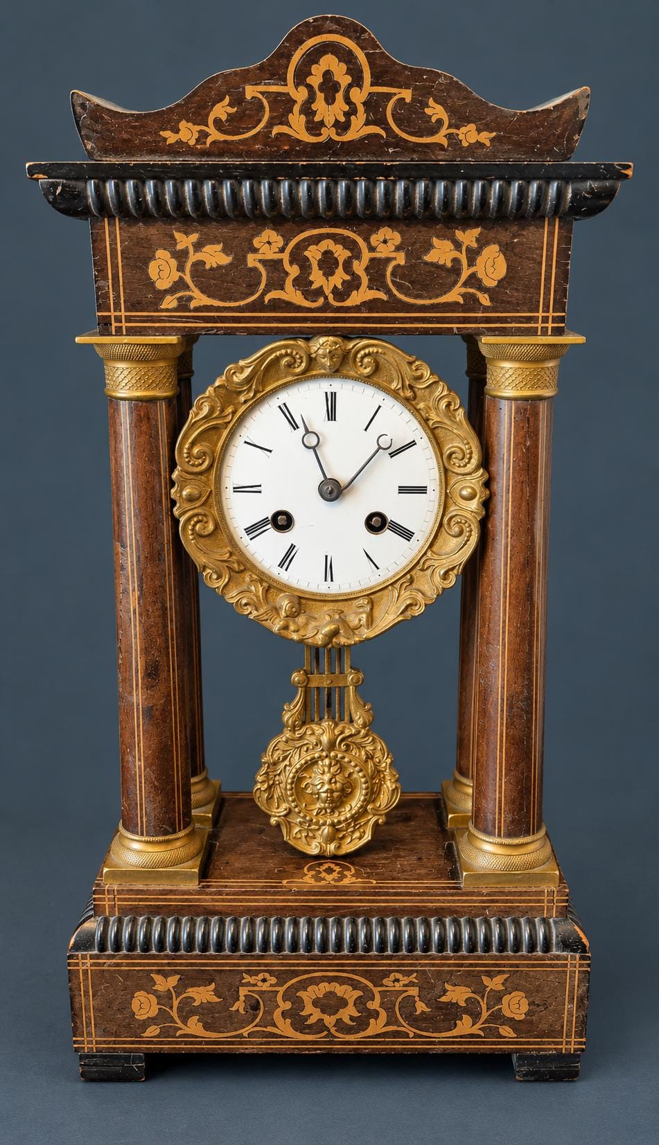 Antique Charles X Portico Mantel Clock with Inlaid Wood Marquetry, Four Columns, Gilt Bronze Dial Surround, circa 1830