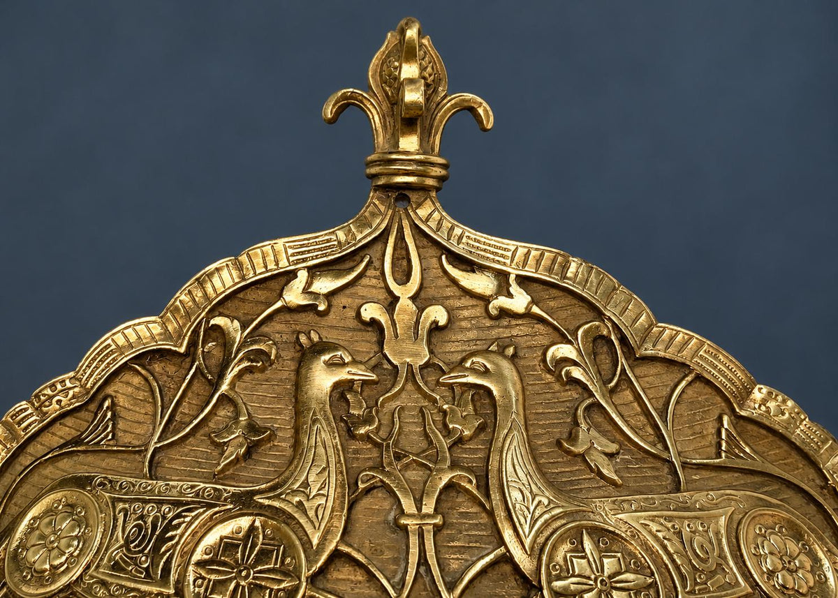 Pair of Antique Brass Two-Arm Wall Sconces, Pierced Ottoman Style Backplates with Scrolling Piano Sconce Arms, 19th Century