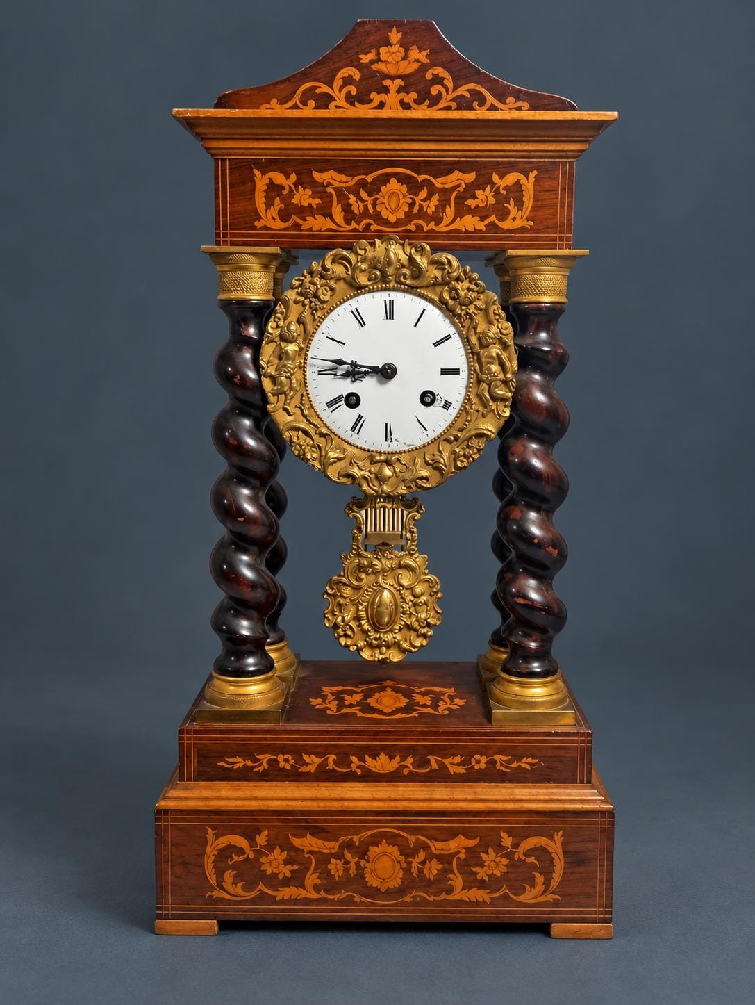 Antique Napoleon III Marquetry Portico Mantel Clock, Barley Twist Columns, Gilt Bronze Cherub Dial Surround, Working, Strikes