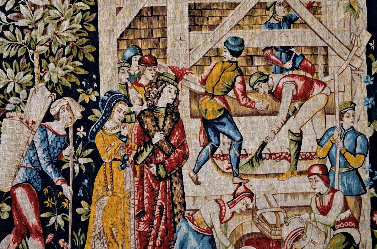 Vintage Robert Four Aubusson Silkscreen Tapestry Replica, Le Pressoir Medieval Wine Press Harvest Scene, Numbered, 45 x 46 in