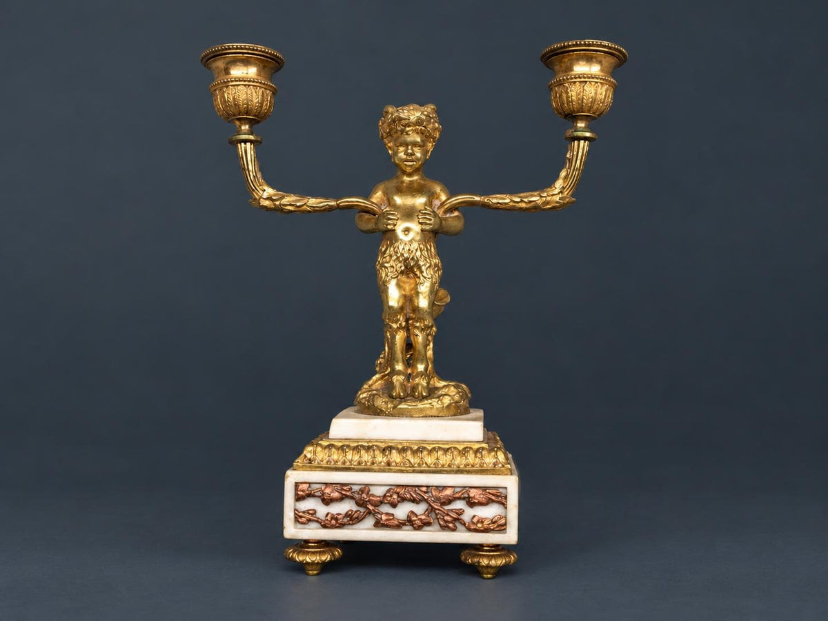 Pair of Antique Napoleon III Gilt Bronze Faun Candelabra, Young Satyrs Holding Laurel Garland Arms, White Marble Bases
