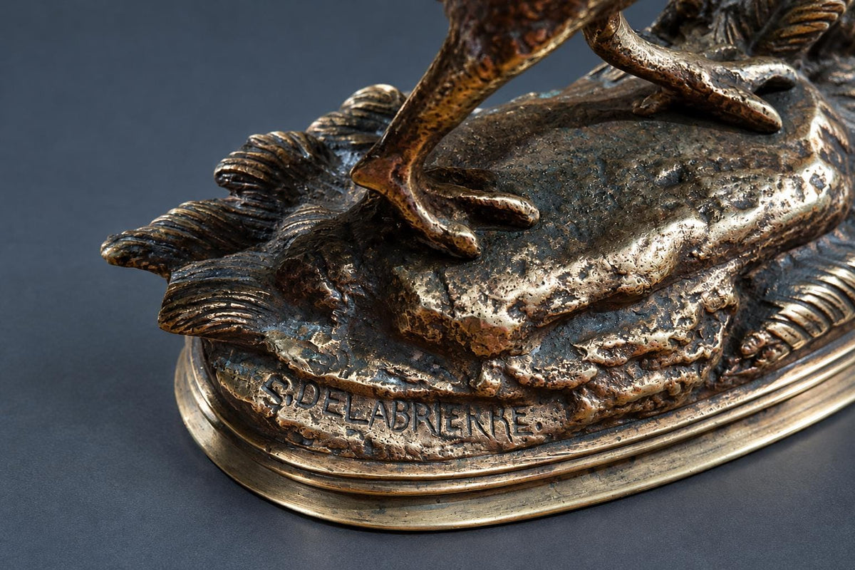Antique French Animalier Bronze Pheasant by Edouard Delabrierre, Signed, Walking Game Bird on Leafy Oval Base, 19th C