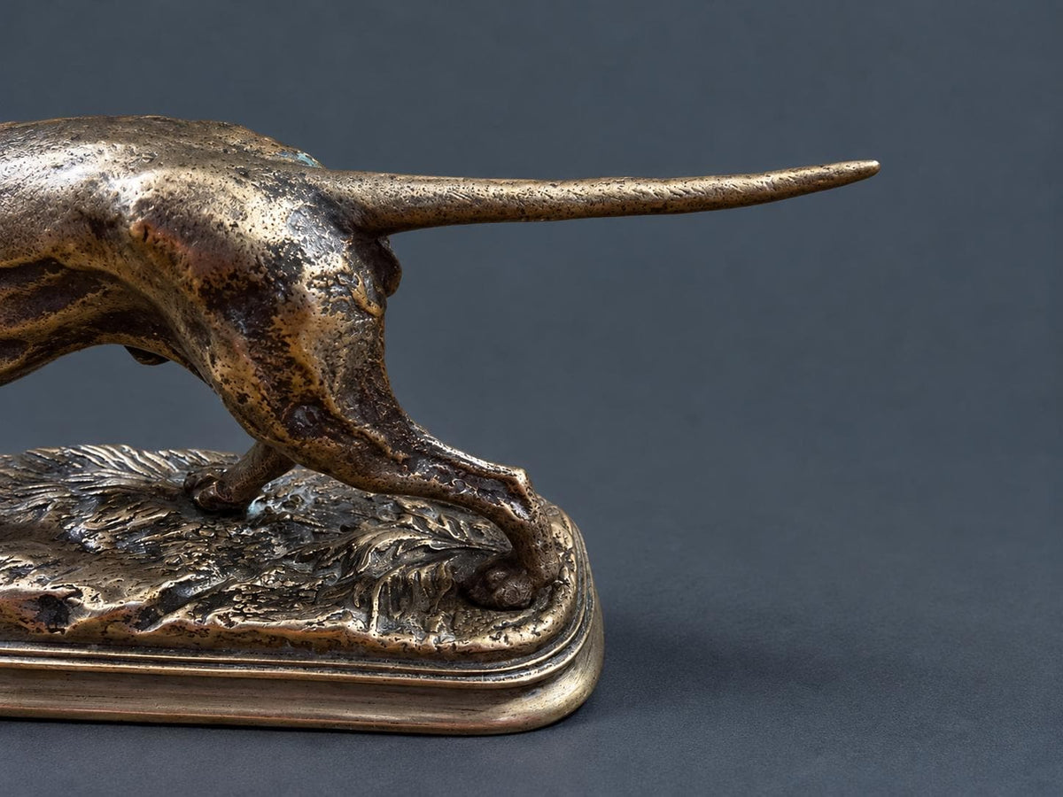 Antique French Animalier Bronze Pointer Dog by Alfred Dubucand, Signed, Hunting Dog on Point with Collar, 19th Century
