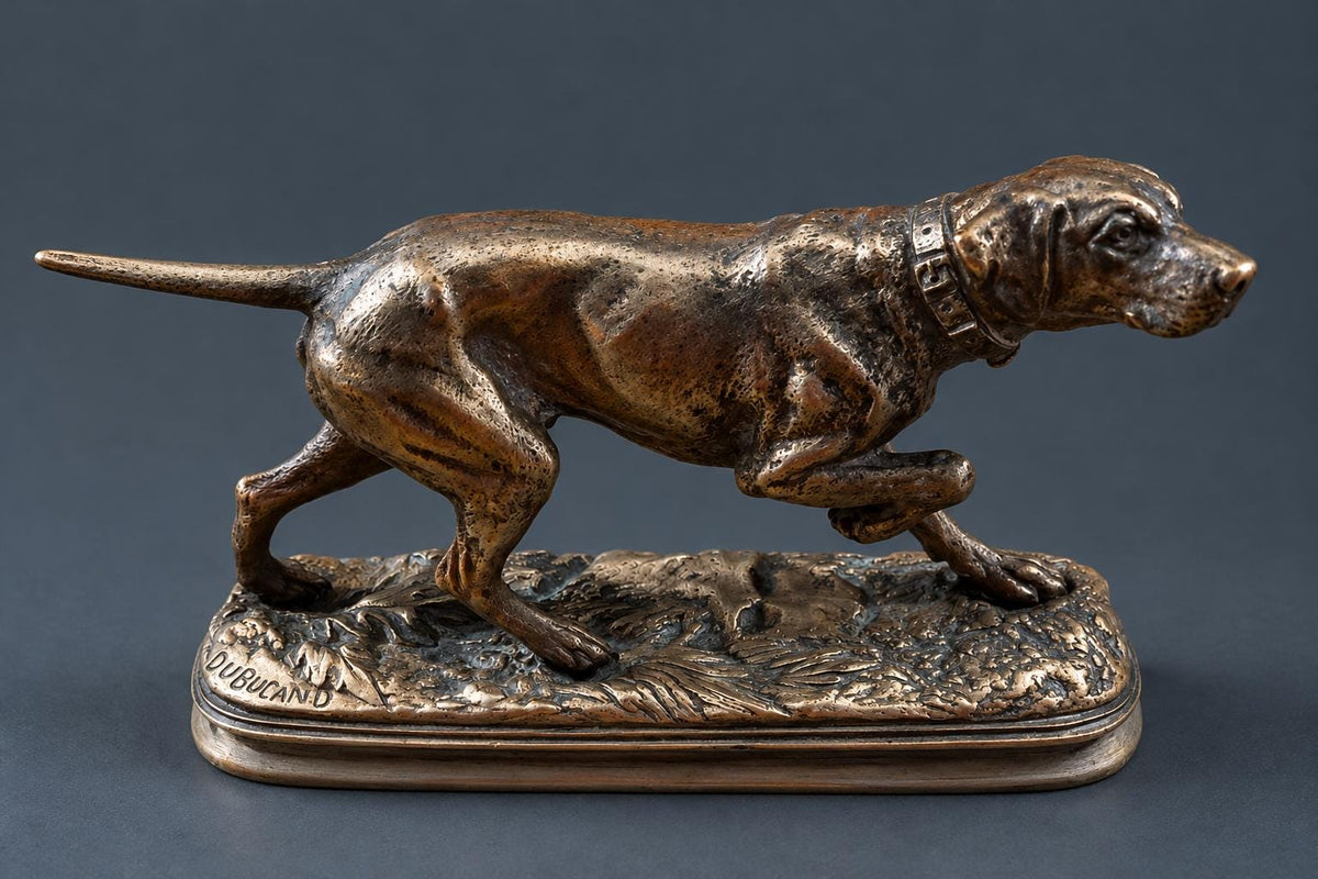 Antique French Animalier Bronze Pointer Dog by Alfred Dubucand, Signed, Hunting Dog on Point with Collar, 19th Century