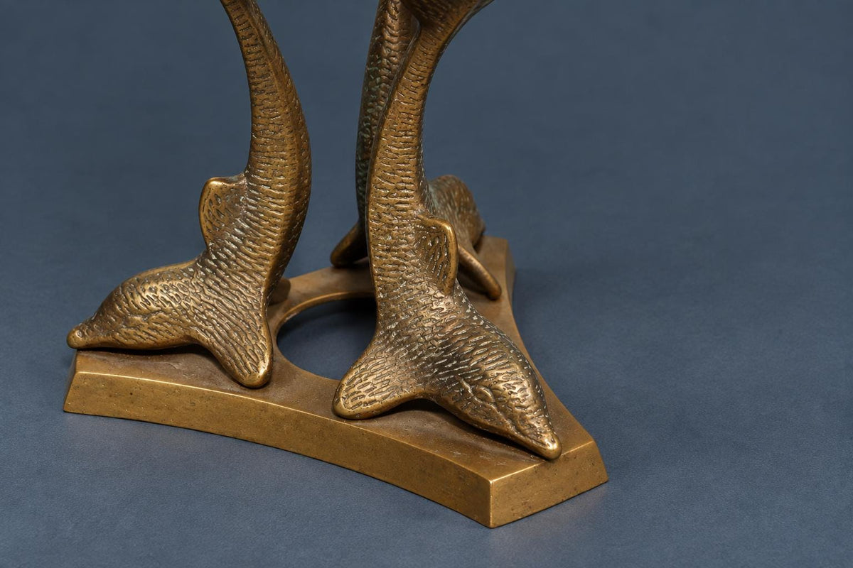 Pair of Vintage Ostrich Eggs on Brass Dolphin Stands, Three Leaping Dolphins Tripod Bases, Hollywood Regency Curiosity
