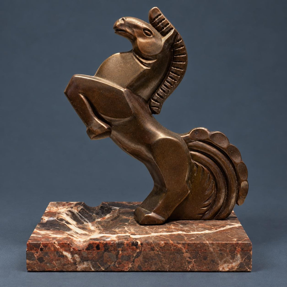 Vintage Art Deco Cubist Rearing Horse Sculpture on Marble Ashtray Base, Bronze-Patinated Spelter, Stylized Mane, 1930s Desk