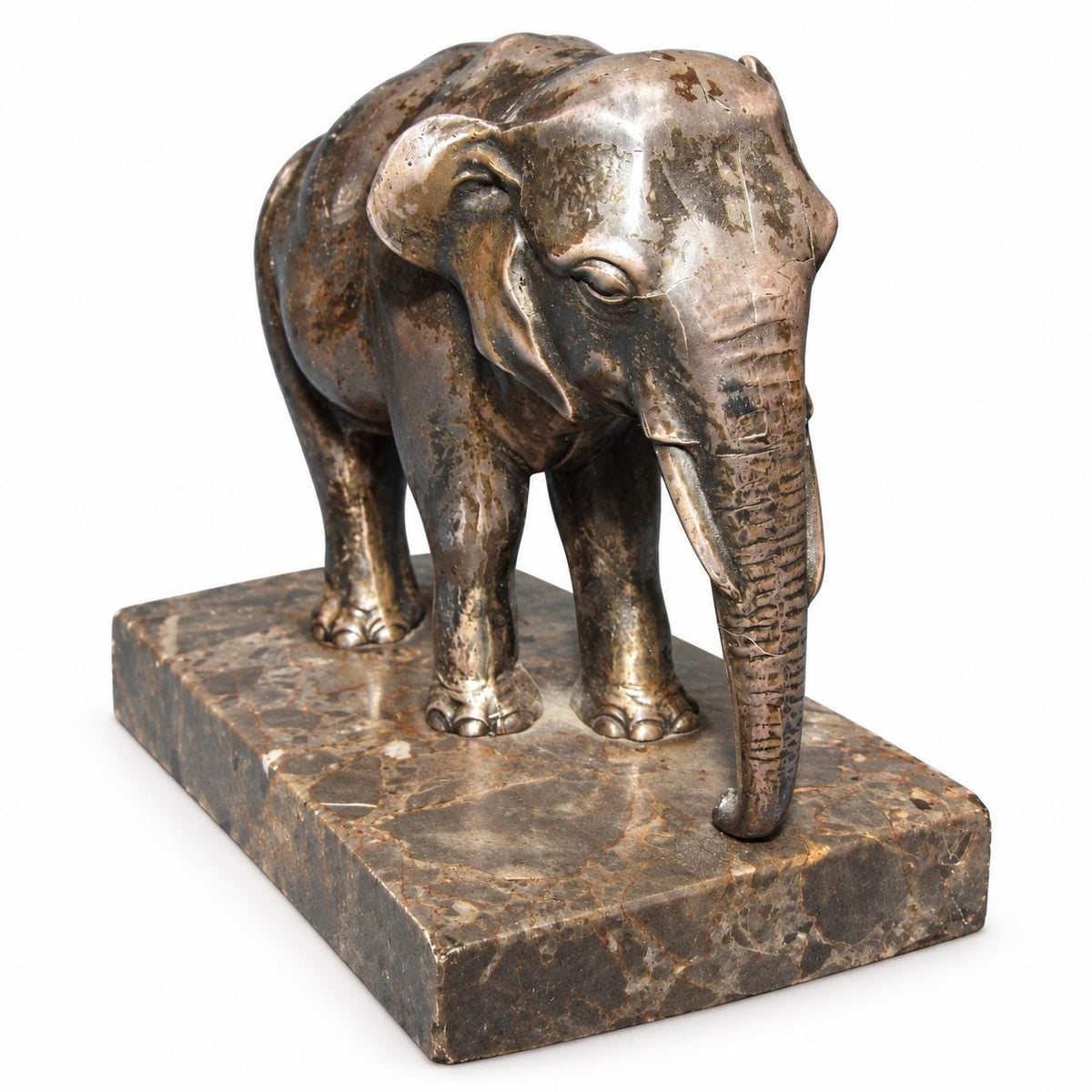 Vintage Art Deco Silvered Spelter Elephant Sculpture on Marble Base, Walking Asian Elephant with Trunk Down, 1930s Decor