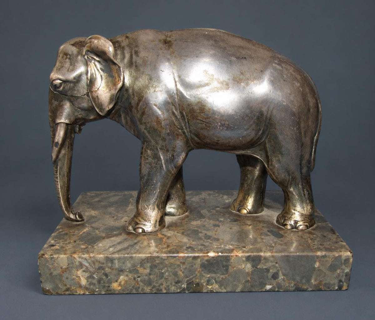 Vintage Art Deco Silvered Spelter Elephant Sculpture on Marble Base, Walking Asian Elephant with Trunk Down, 1930s Decor